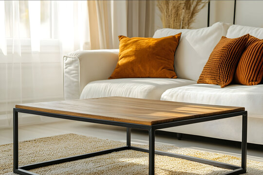 Photo of Close up of wooden square coffee table on metal legs near white sofa with terra cotta pillows against window Scandinavian style home interior design of mode