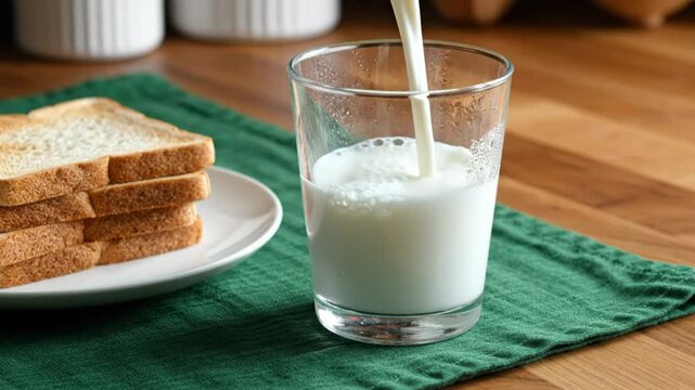Pouring milk into a glass with slices of toast and green cloth on a wooden table for breakfast or a snack