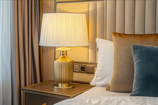 Photo of Lampshade on bedside table near beige bed Art deco style interior design of modern bedroom