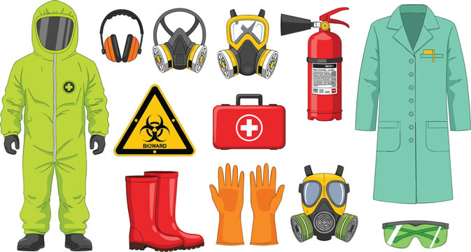 Hazmat Suit and Safety Gear Set with Biohazard Warning, Fire Extinguisher, Medical Kit, and Protective Equipment