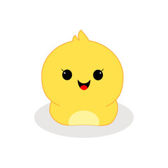 Obraz premium Cute yellow chicken mascot with a happy smiling face in flat design style for easter branding and children products.