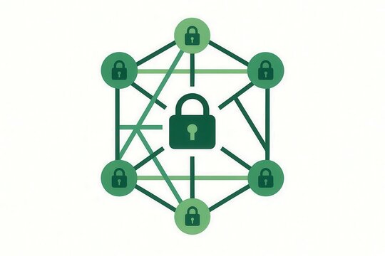 Secure multi party system, encrypted network nodes, isolated on white background
