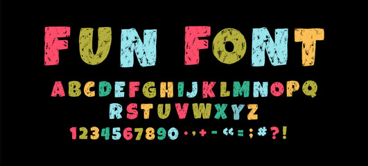 Kids crayon alphabet with letters, numbers, and punctuation. Cute childish handwritten font with sketch texture and fun lettering. Perfect for children design, education materials. © vik.stock