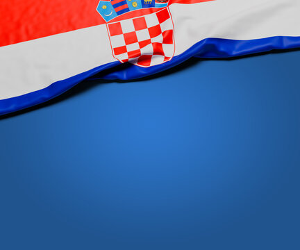 The wrinkled flag of Croatia draped onto a flat blue background with shadow. Copy space for message