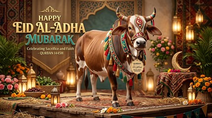 Naklejka premium Decorated ox in festive scene celebrating a religious holiday with lanterns