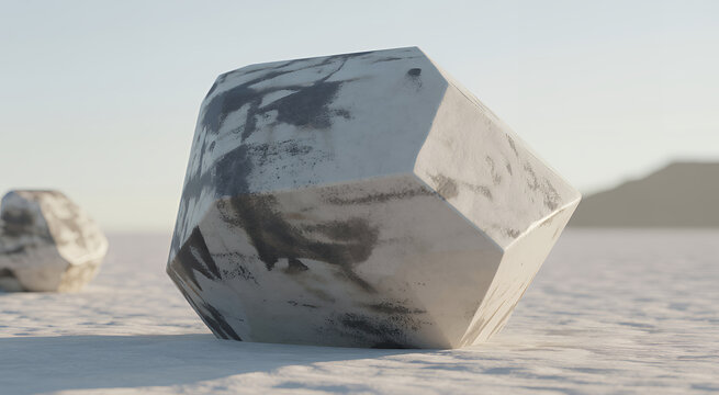 Large white and grey marble geometric rock sculpture on a flat desert landscape at sunset