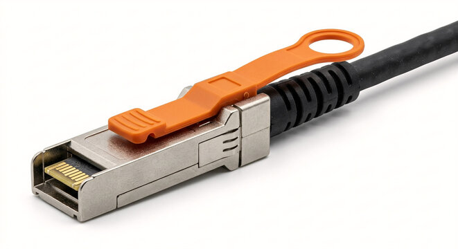 Professional studio photograph of a generic SFP+ Direct Attach Copper (DAC) cable connector. The housing features a brushed zinc alloy finish with a vibrant orange pull-tab release latch and a heavy-d