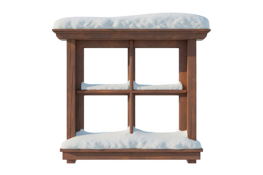 Brown wooden window frame with snow accumulation, isolated on a white background isolated on a transparent background