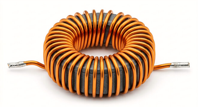 Extreme macro of a toroidal power inductor featuring a dark grey ferrite core tightly wrapped in symmetrical coils of polished bright orange copper wire with tinned silver ends.