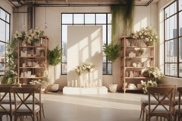 Fototapeta premium Modern event venue with floral decor and rows of chairs for a special occasion