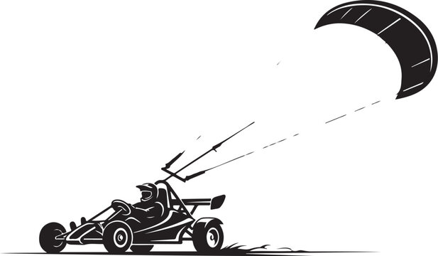Vector racing car, buggy, kart, with kite, parasail, monochrome illustration