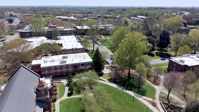 aerial low push in over the lenoir rhyne university campus in hickory nc, north carolina