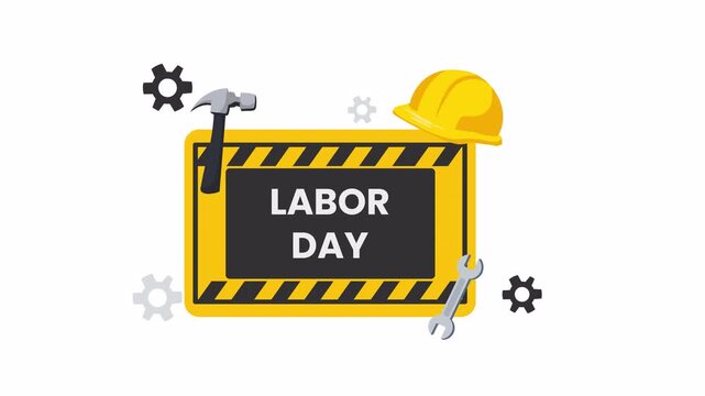 Labor day sign board with tools and helmet in flat vector style, clean design, animation ready, isolated on transparent background with alpha channel