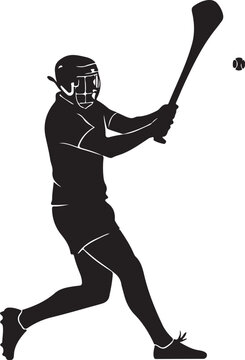Black silhouette sports icon, athletic hurley player, hitting ball, Irish sport