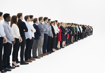 Obraz premium A long line of diverse business professionals standing in a queue isolated on white background