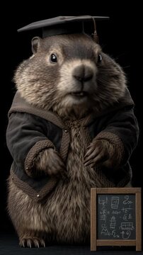 Cute groundhog wearing graduation cap and gown holding chalkboard with math equations.
