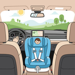 Obraz premium Family car trip, child in car seat, driving on sunny day, navigation on screen