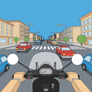 First-person view of riding a scooter through a city street with cars and buildings