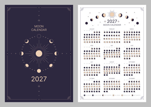 Pocket calendar of moon phase for 2027, lunar cycle planner template. Lunar phase calendar, astrological moon phases calendar banner, poster on dark night and white background vector illustration