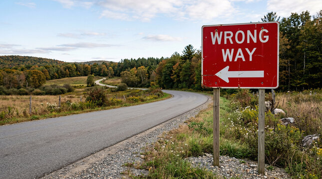 Red sign warns drivers of a wrong direction. Gravel shoulder lines winding rural road. Autumn trees frame the scenic landscape