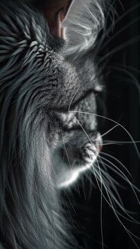 Close-up profile of a majestic Maine Coon cat with detailed fur and whiskers in low light.
