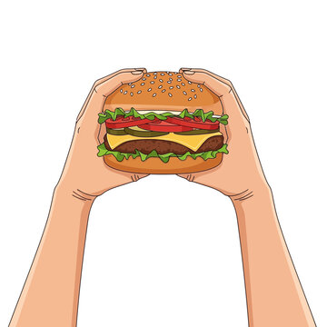 Hands Holding Delicious Hamburger with Cheese, Lettuce, Tomato, Pickles on White Background