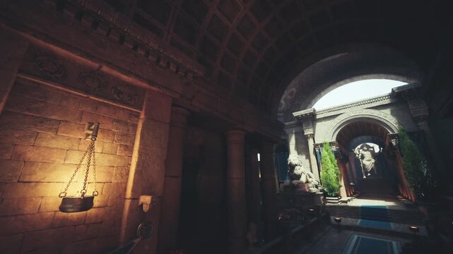 Light filters through sacred corridor, Chiseled pillars frame luminous archway, Tranquil temple hall bathed in gentle illumination and reverence