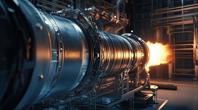 Modern metal turbine engine undergoing testing with a bright flame indicating powerful combustion and thrust in a high tech industrial environment, symbolizing engineering and innovation