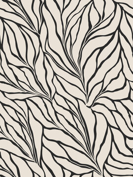Seamless black and grey floral background with leaves. Hand drawn minimal abstract organic shapes pattern. Vector black abstact pattern with grey leaves. Monochrome