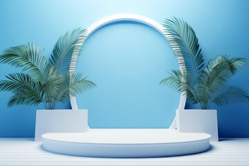 Fototapeta premium Rendered minimal white podium featuring tropical palm leaves against a bright blue wall