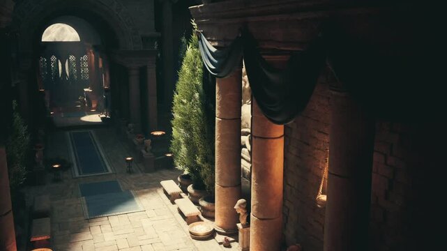 Shaded alcove view with columns and distant archway, cool shadows meeting warm highlights, rich stone surfaces and draped textile accents, perfect