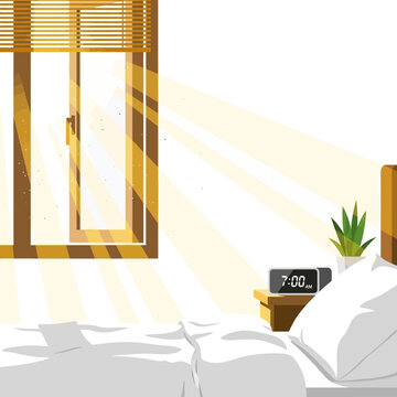 Morning sunbeams shining through window onto bed, digital alarm clock shows 7:00 AM.