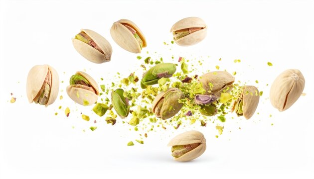 High-resolution image of whole and crushed pistachios on a white background, showcasing their vibrant green and beige colors.