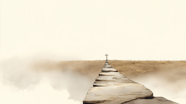 Pathway to Discovery: An elevated stone path stretches into the distance, guiding the viewer's eye towards an unknown destination, enveloped in a tranquil mist and bathed in soft light.