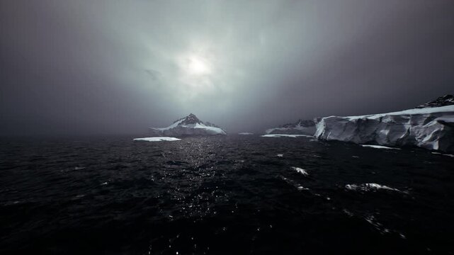 Serene Arctic landscape under cloud, Calm icy horizon with distant sunlight glow, Silent polar environment featuring fragile ice formations and distant sun