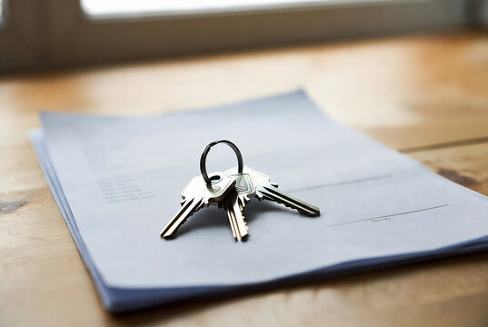 Keys are resting on a document, suggesting a property-related transaction. The setting is likely an office or desk surface.
