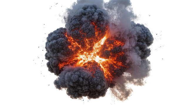 Fiery orange explosion with dark grey smoke, isolated on transparent background