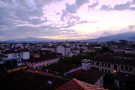 High-angle view of Montecatini Terme townscape at twilight, Italy