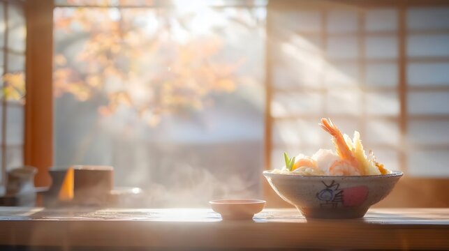 Udon noodles paired with tempura shrimp and vegetables, arranged in a bowl with sunlight casting down and a blurred background
