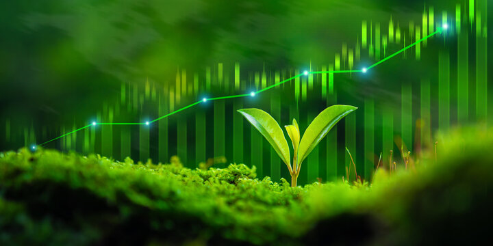 Sustainable green business growth and green investment concepts, with updated financial charts and seedlings growing against a sunny background. Growth of money, finance, and investment.