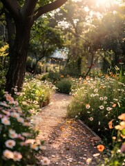 Obraz premium In the garden, various flowers bloom under the soft sunlight