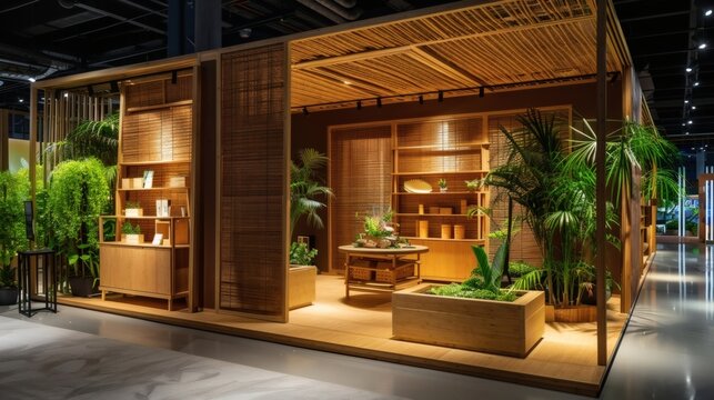 The bamboo and wood exhibition stand, illuminated by light and shadow