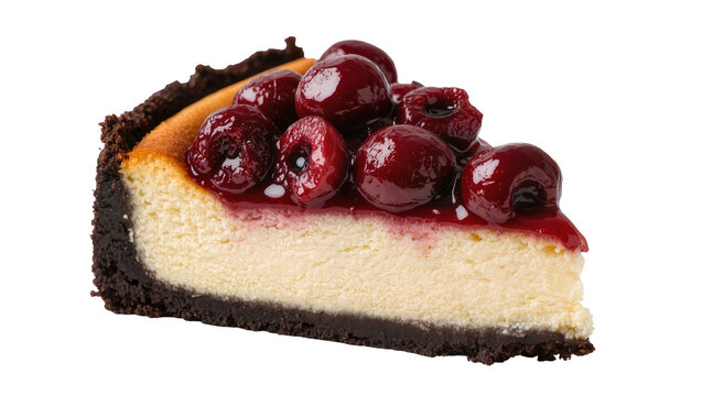 Rich cherry cheesecake slice with dark chocolate crust, isolated on transparent background