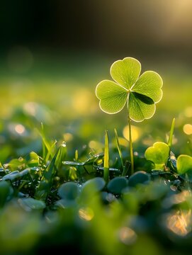 The four-leaf clover grows quietly on the grass, with soft sunlight shining on it