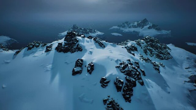 Snowcovered rocky knoll under heavy sky, muted coastal haze and subtle textures, conservation observation mood with planning implication and soft tonal