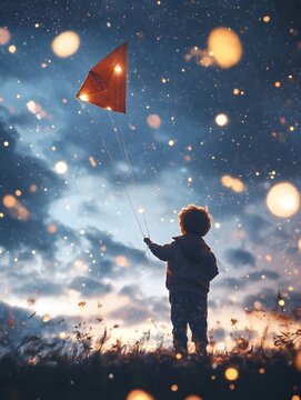 A boy chases a kite in a dreamy, glowing atmosphere