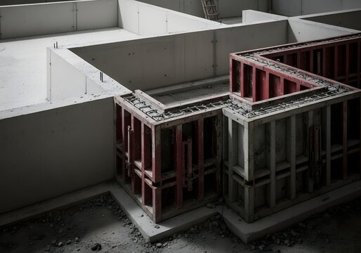The construction phase reveals robust cement structures and formwork, showcasing the underpinnings of a building's framework with its textured surfaces and angular architecture in this
