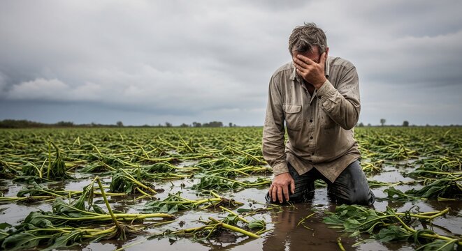 Desperate Farmer Kneeling in Ruined, Flooded Field After Crop Failure Under Gloomy Sky