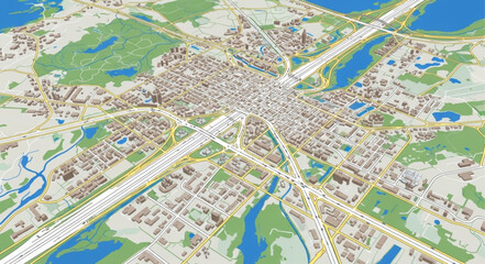 Naklejka premium Detailed aerial view of a city with green spaces and waterways.