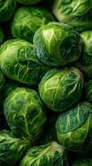 Fototapeta premium Cluster of fresh Brussels sprouts close up. Vibrant green vegetables arranged together. Organic produce for healthy eating and nutritious diet concept. vertical format